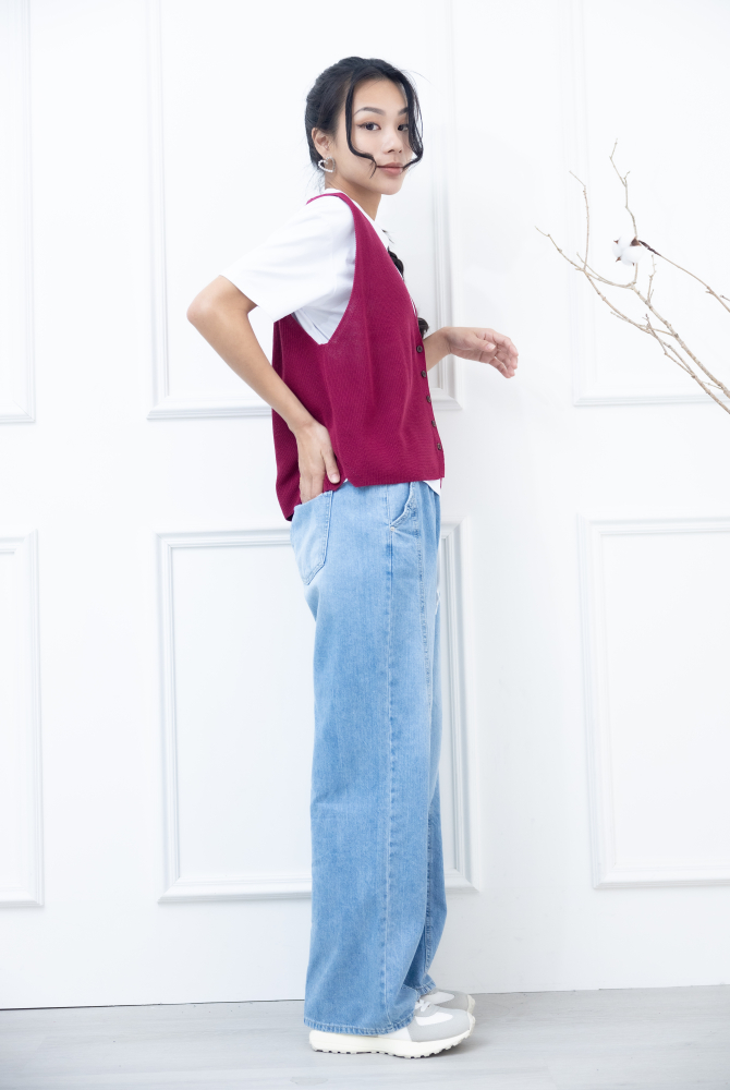 조끼 小口袋全開襟針織背心 / 暗粉色