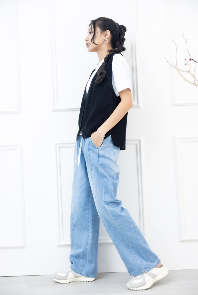 조끼 小口袋全開襟針織背心 / 黑色