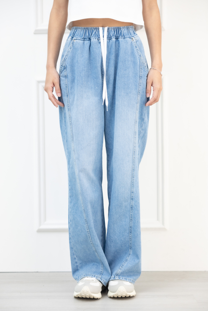 긴 바지 織帶抽繩牛仔直筒寬褲 / 藍色