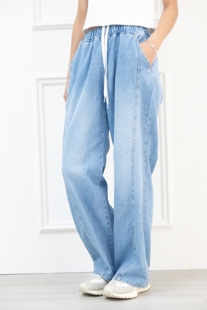 긴 바지 織帶抽繩牛仔直筒寬褲 / 藍色