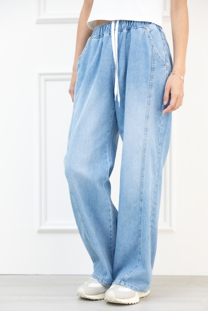 긴 바지 織帶抽繩牛仔直筒寬褲 / 藍色