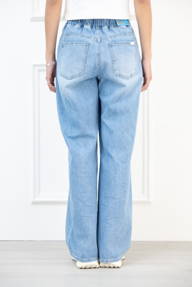 긴 바지 織帶抽繩牛仔直筒寬褲 / 藍色