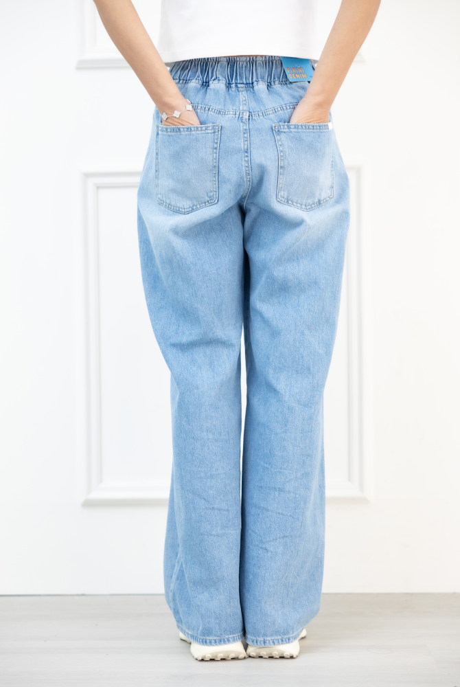 긴 바지 織帶抽繩牛仔直筒寬褲 / 藍色