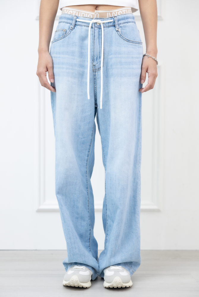 긴 바지 褲頭卡其色假兩件軟質牛仔寬褲  / 藍色