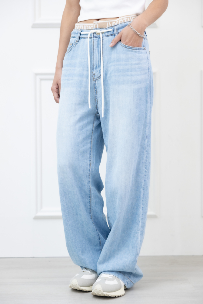 긴 바지 褲頭卡其色假兩件軟質牛仔寬褲 / 藍色