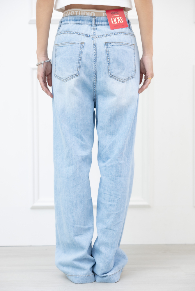 긴 바지 褲頭卡其色假兩件軟質牛仔寬褲 / 藍色