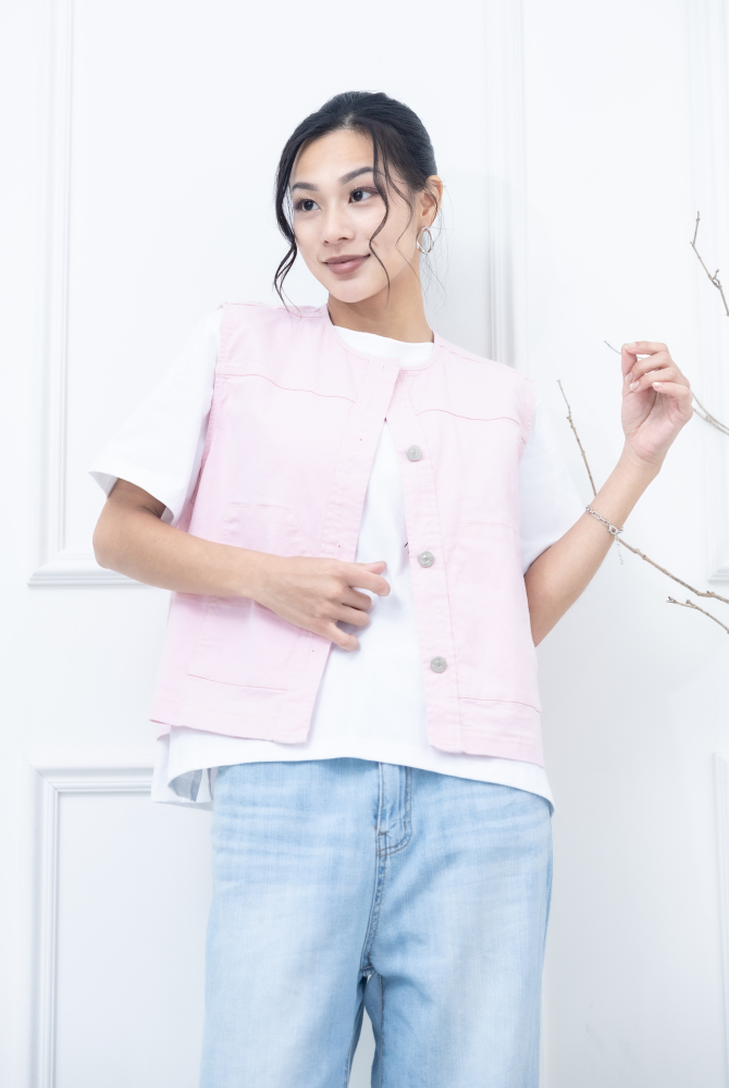 조끼 金屬釘扣長方口袋背心 / 粉紅色