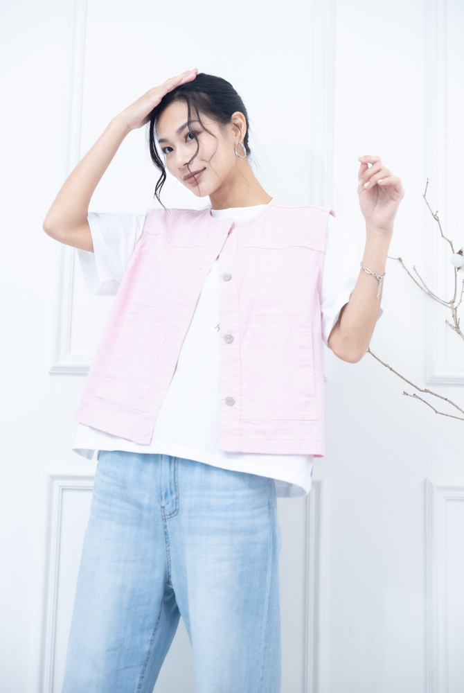 조끼 金屬釘扣長方口袋背心 / 粉紅色