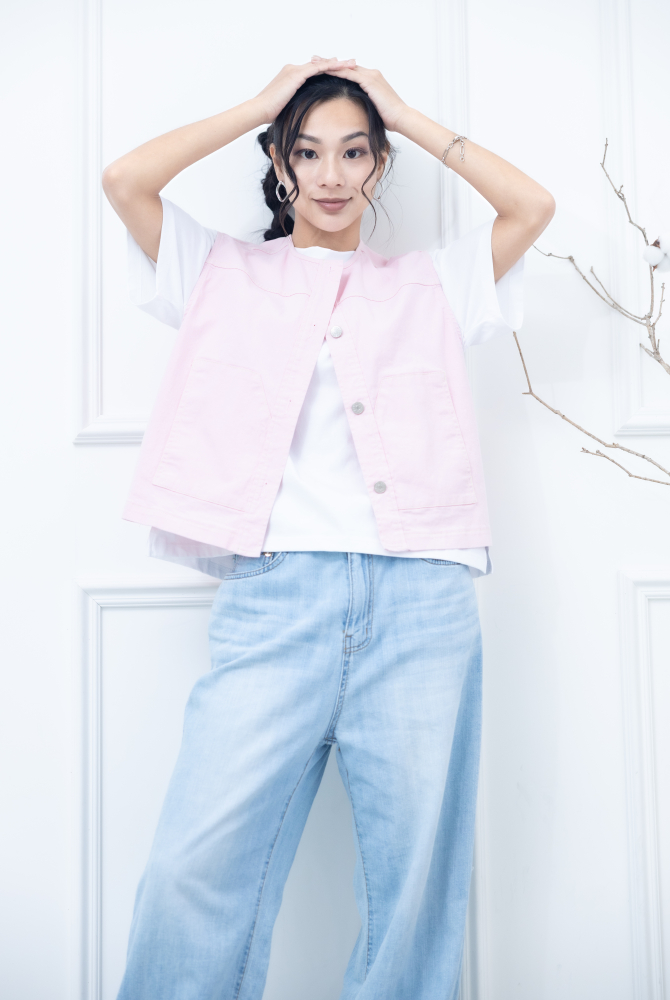 조끼 金屬釘扣長方口袋背心 / 粉紅色