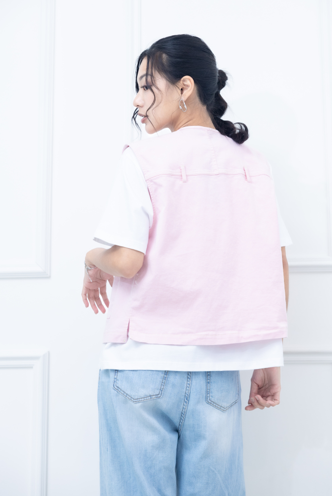 조끼 金屬釘扣長方口袋背心 / 粉紅色