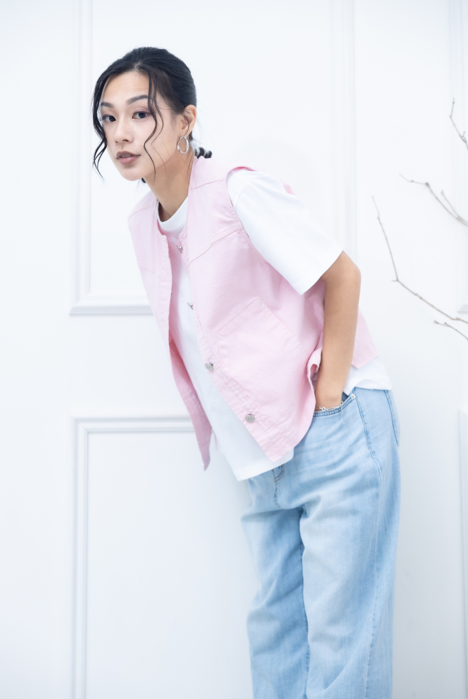 조끼 金屬釘扣長方口袋背心 / 粉紅色