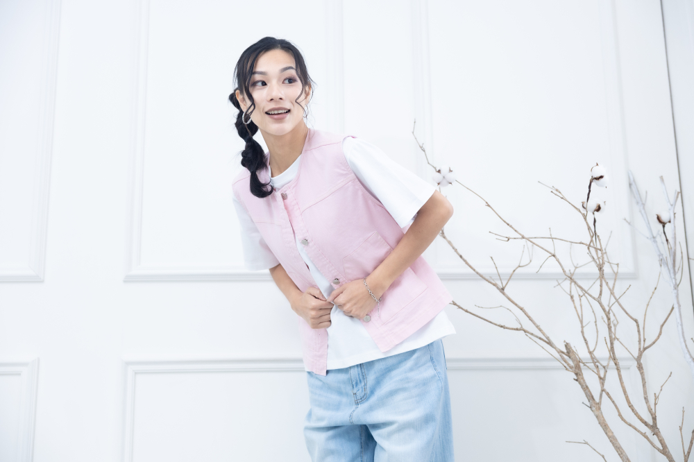 조끼 金屬釘扣長方口袋背心 / 粉紅色