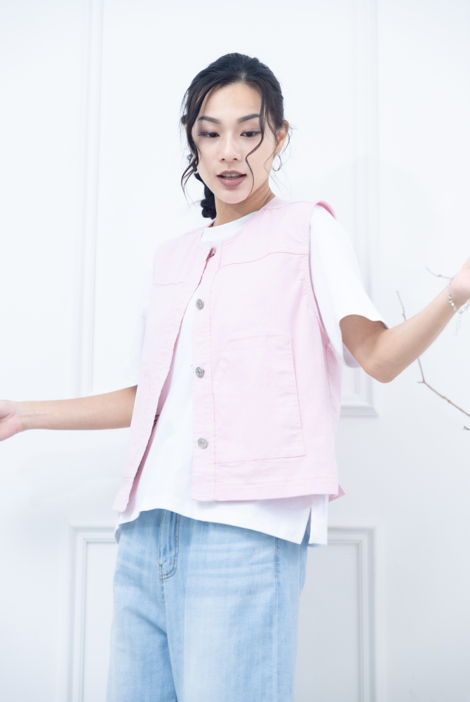조끼 金屬釘扣長方口袋背心 / 粉紅色
