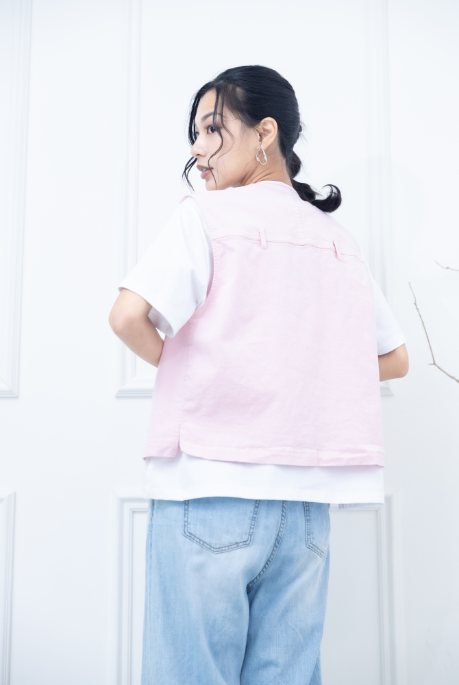 조끼 金屬釘扣長方口袋背心 / 粉紅色