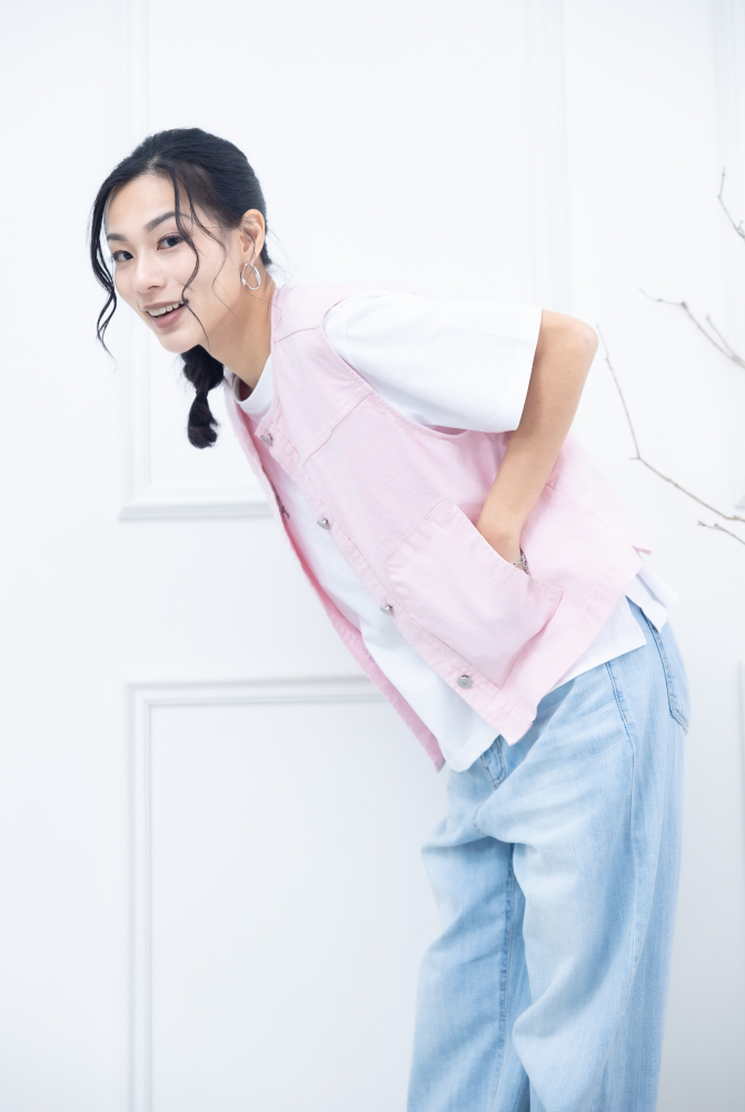 조끼 金屬釘扣長方口袋背心 / 粉紅色