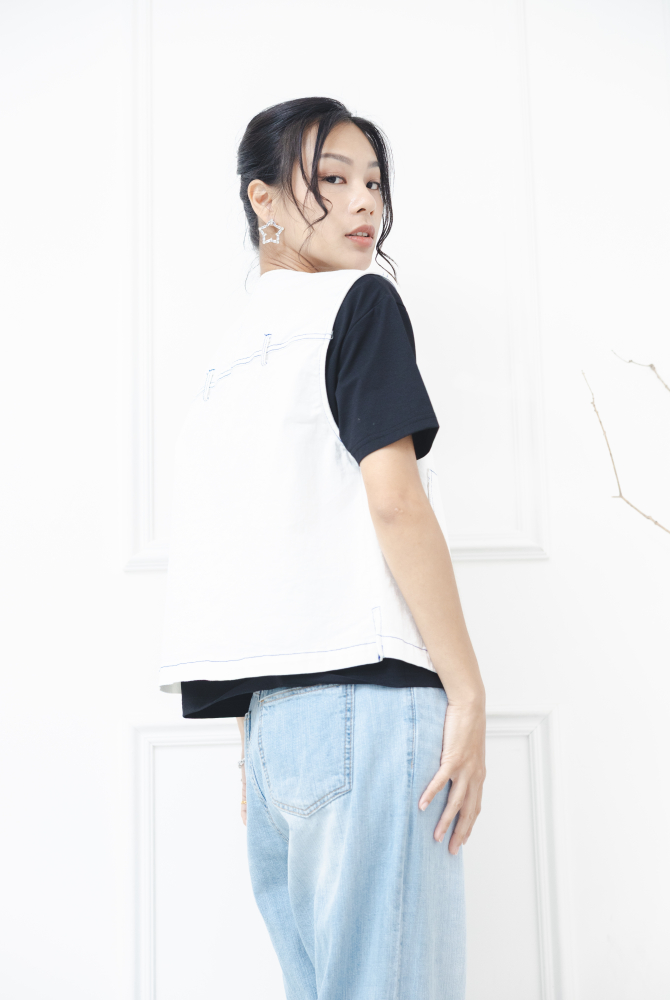 조끼 金屬釘扣長方口袋背心 / 米色