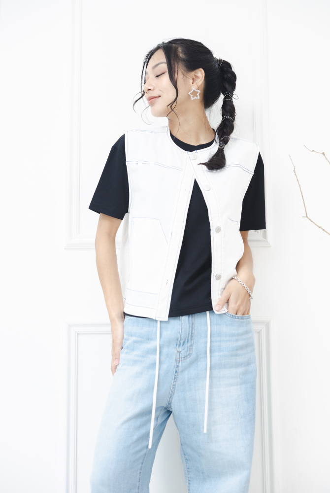 조끼 金屬釘扣長方口袋背心 / 米色