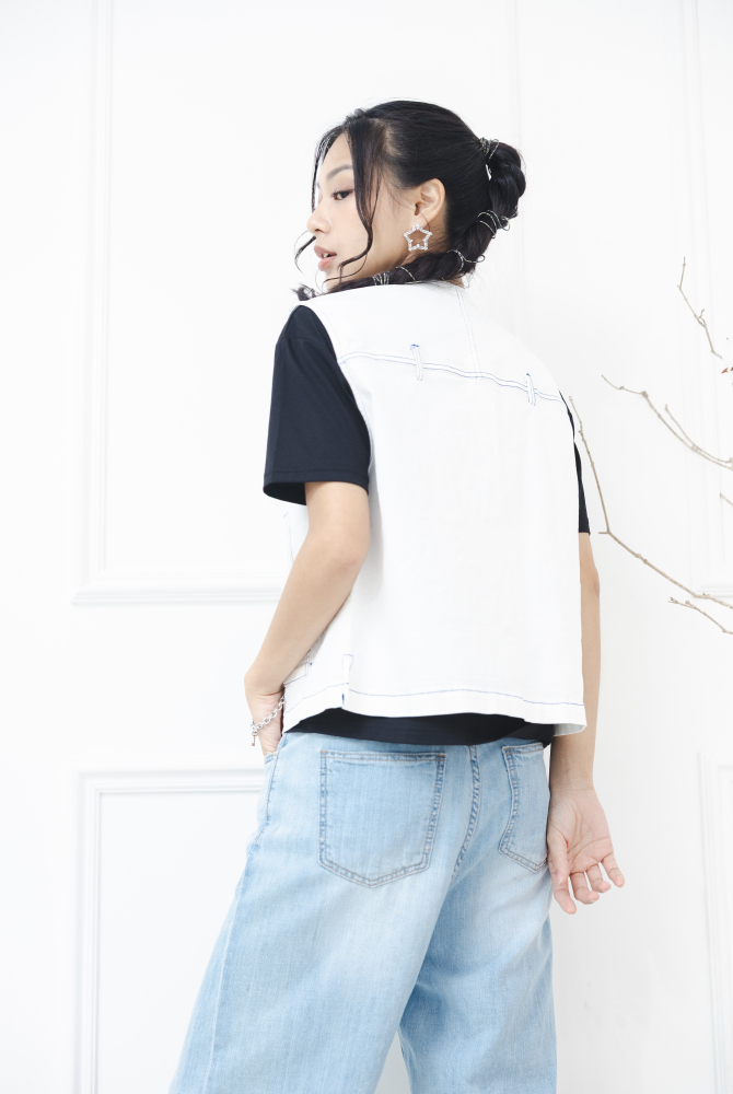 조끼 金屬釘扣長方口袋背心 / 米色