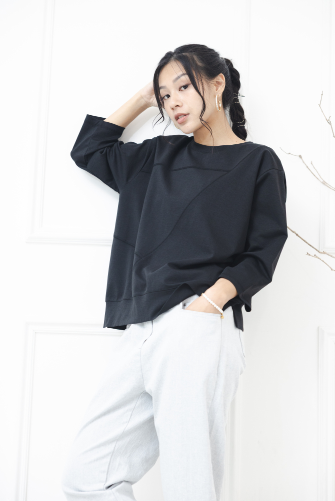 긴팔 素面拚布感七分袖上衣 / 黑色