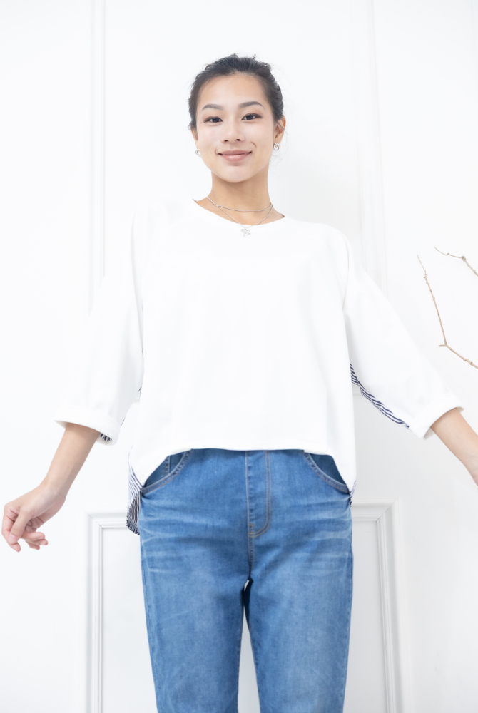 긴팔 素面拼接條紋七分袖上衣 / 白色