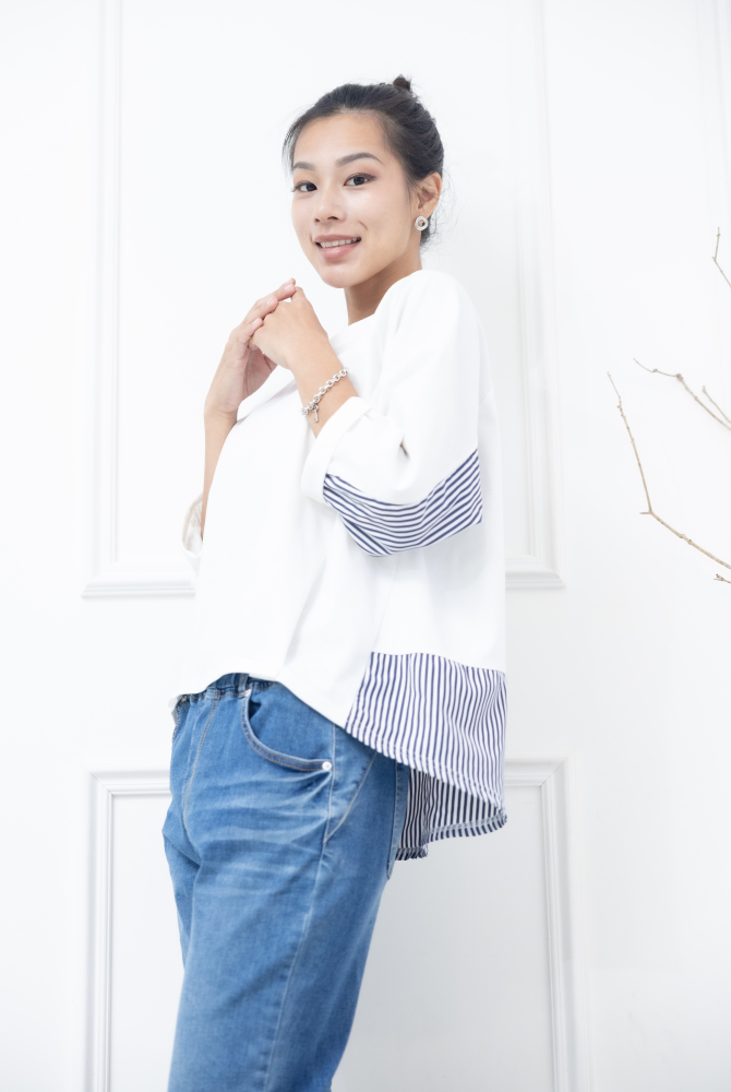 긴팔 素面拼接條紋七分袖上衣 / 白色