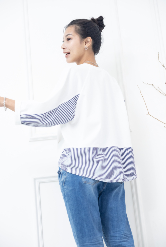 긴팔 素面拼接條紋七分袖上衣 / 白色