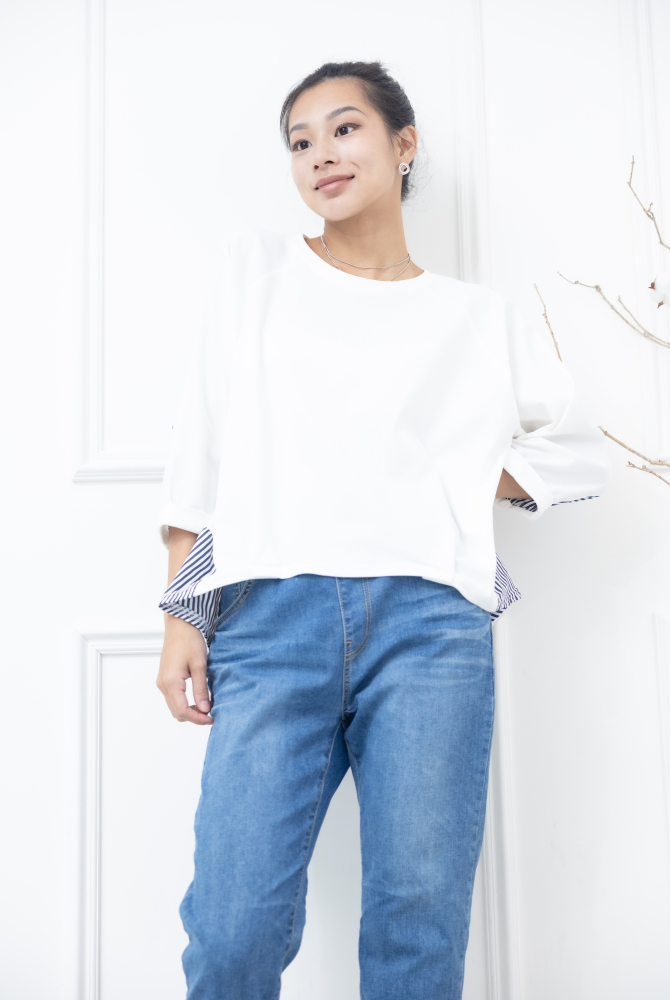 긴팔 素面拼接條紋七分袖上衣 / 白色