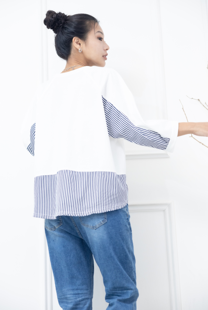 긴팔 素面拼接條紋七分袖上衣 / 白色