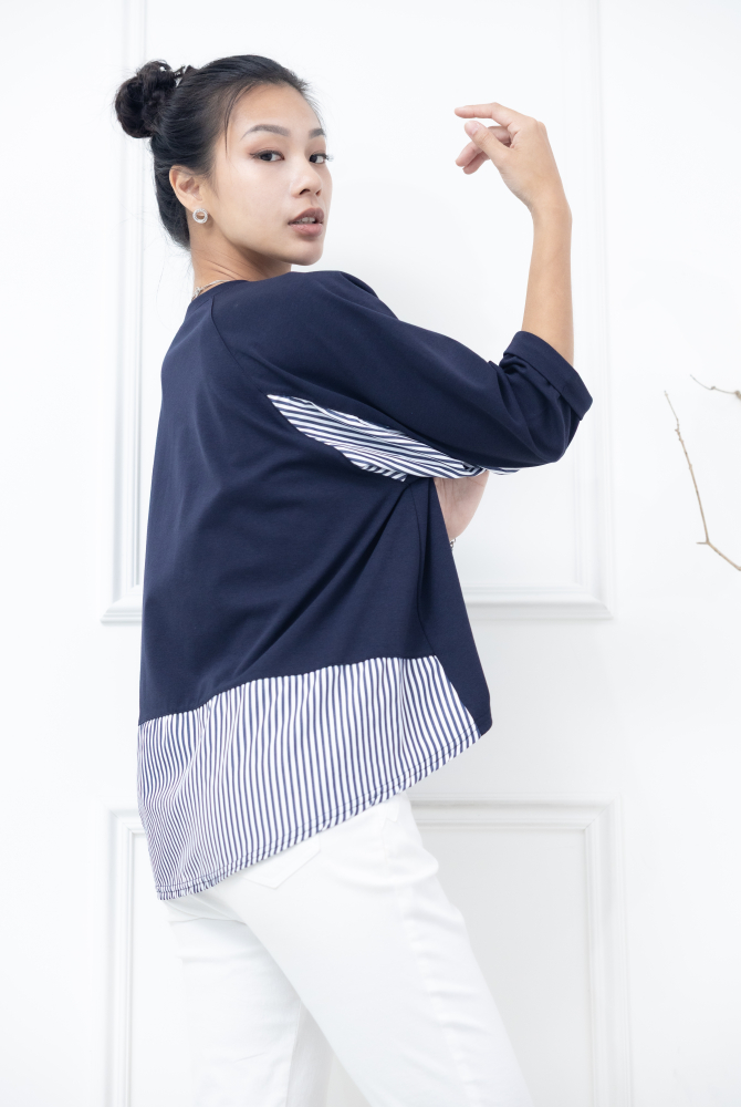 긴팔 素面拼接條紋七分袖上衣 / 深藍色