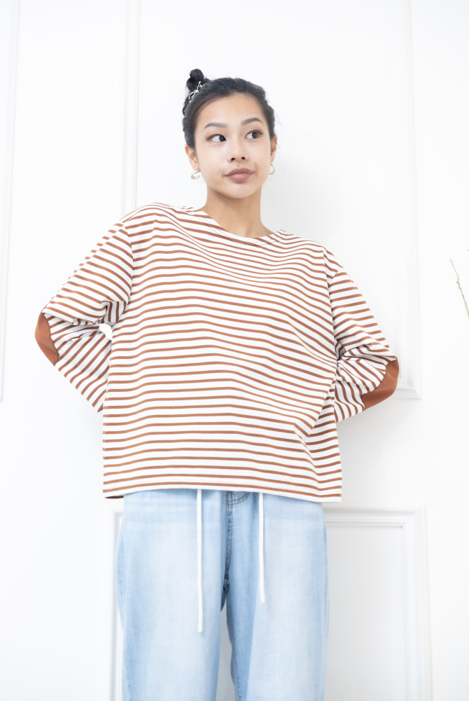 긴팔 咖啡白細條紋長袖上衣