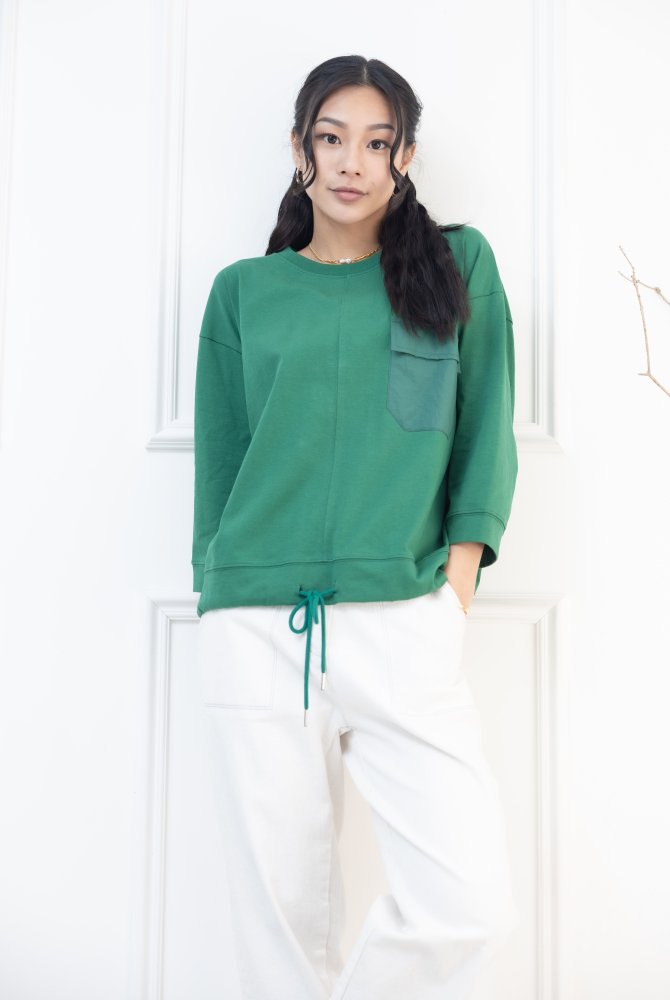 긴팔 異材質口袋下擺抽繩七分袖上衣 / 綠色