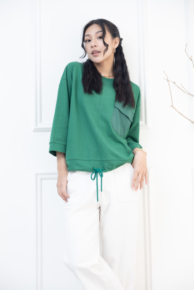 긴팔 異材質口袋下擺抽繩七分袖上衣 / 綠色