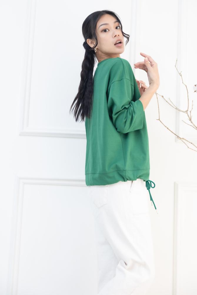 긴팔 異材質口袋下擺抽繩七分袖上衣 / 綠色