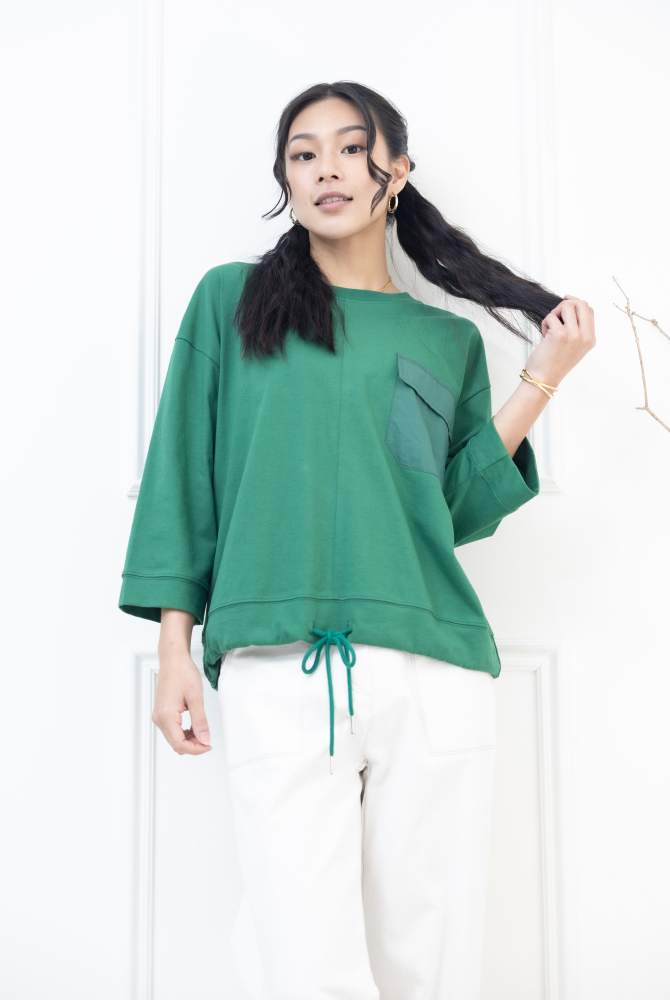 긴팔 異材質口袋下擺抽繩七分袖上衣 / 綠色