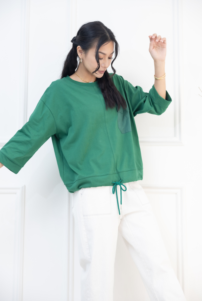 긴팔 異材質口袋下擺抽繩七分袖上衣 / 綠色