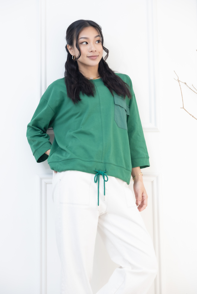 긴팔 異材質口袋下擺抽繩七分袖上衣 / 綠色