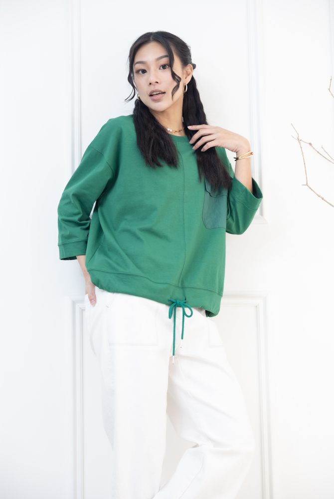 긴팔 異材質口袋下擺抽繩七分袖上衣 / 綠色