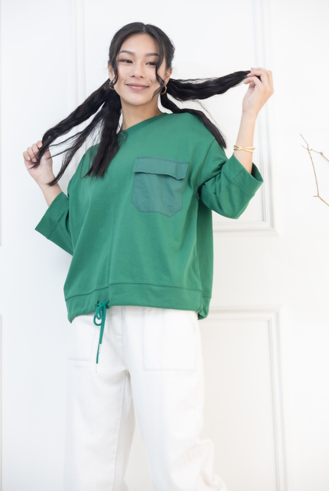 긴팔 異材質口袋下擺抽繩七分袖上衣 / 綠色