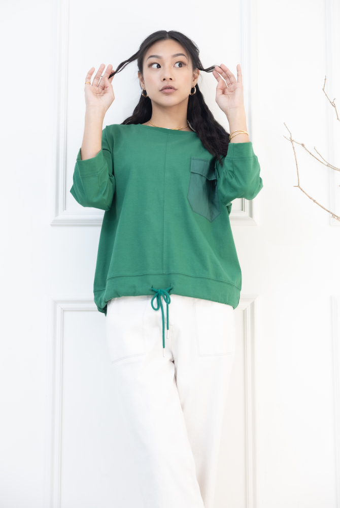 긴팔 異材質口袋下擺抽繩七分袖上衣 / 綠色
