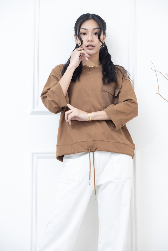 긴팔 異材質口袋下擺抽繩七分袖上衣 / 咖啡色