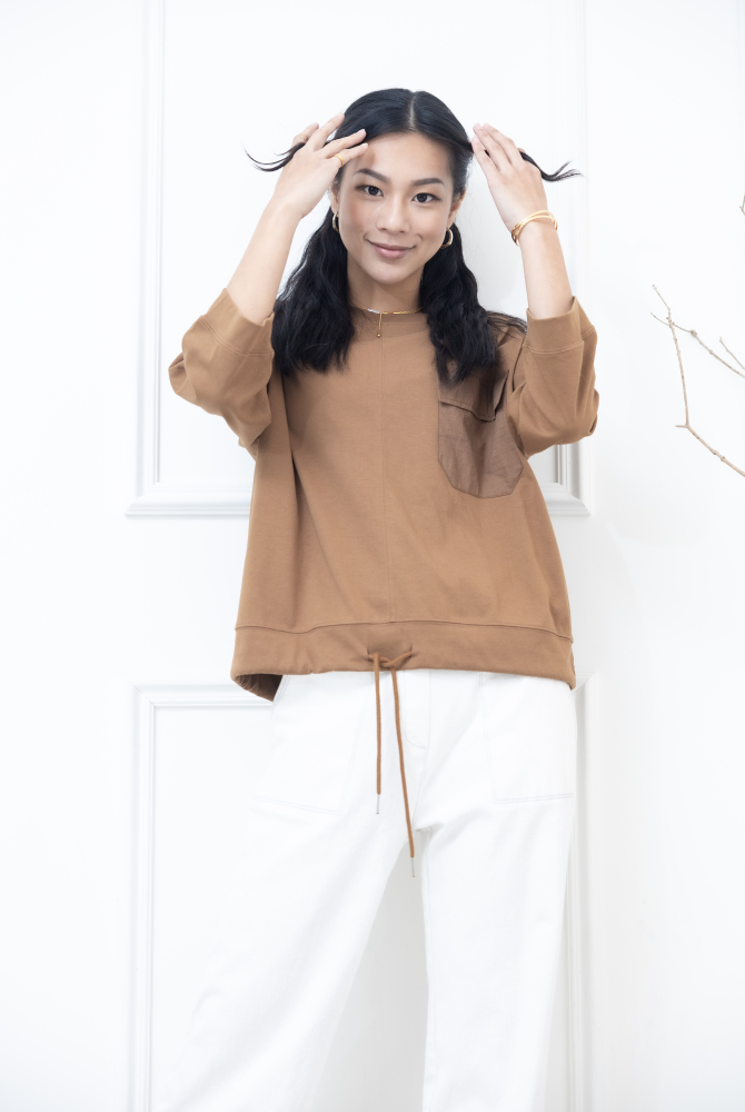 긴팔 異材質口袋下擺抽繩七分袖上衣 / 咖啡色