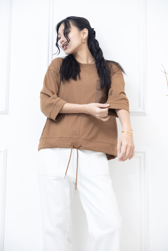 긴팔 異材質口袋下擺抽繩七分袖上衣 / 咖啡色