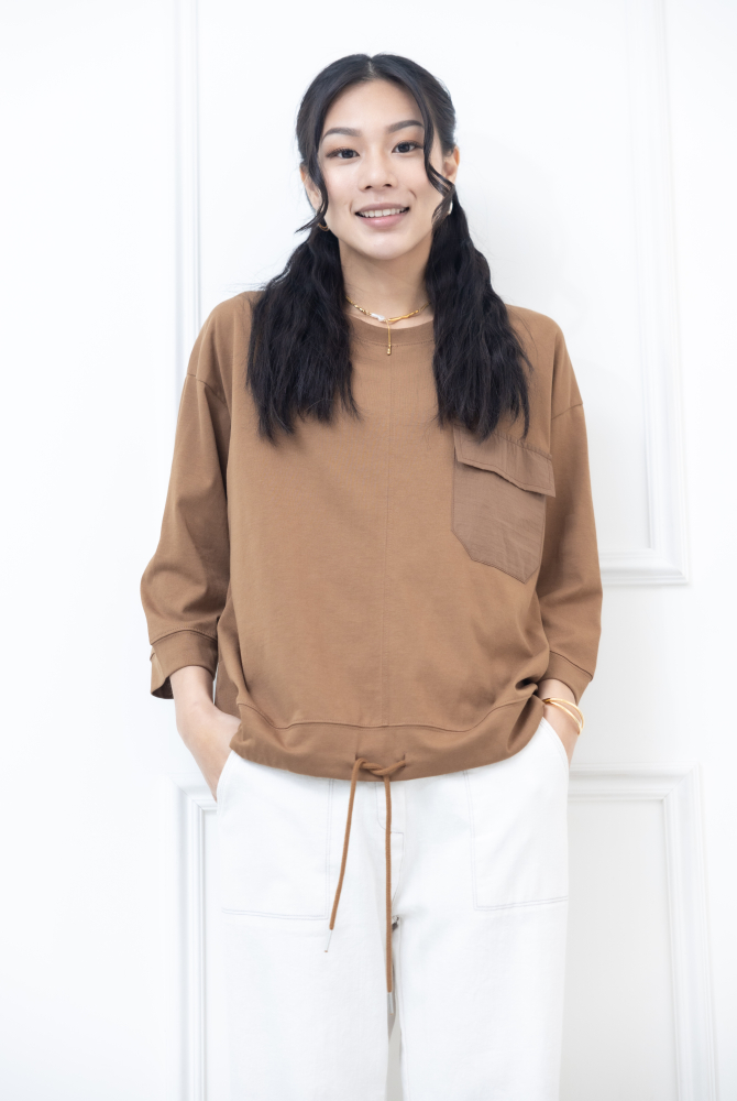 긴팔 異材質口袋下擺抽繩七分袖上衣 / 咖啡色