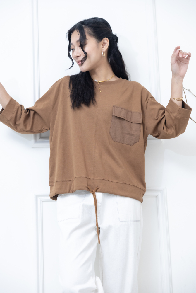 긴팔 異材質口袋下擺抽繩七分袖上衣 / 咖啡色