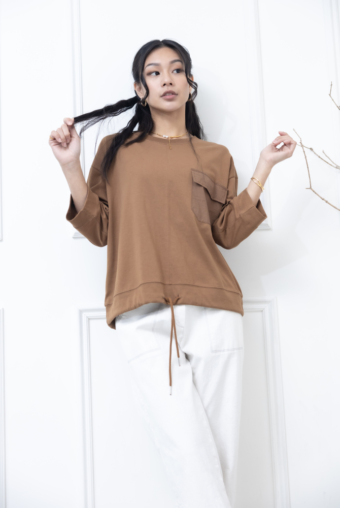 긴팔 異材質口袋下擺抽繩七分袖上衣 / 咖啡色