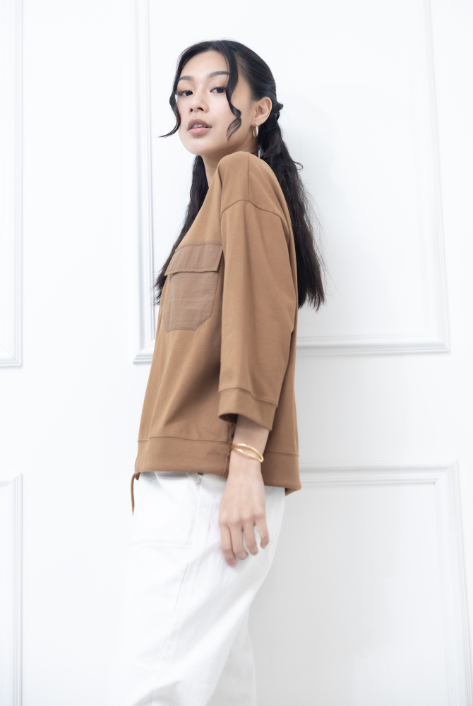 긴팔 異材質口袋下擺抽繩七分袖上衣 / 咖啡色