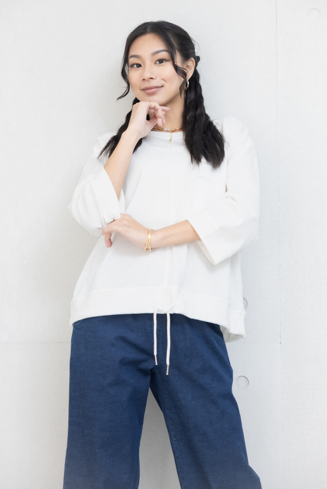 긴팔 異材質口袋下擺抽繩七分袖上衣 / 白色