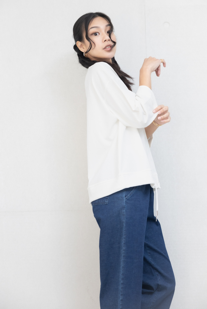 긴팔 異材質口袋下擺抽繩七分袖上衣 / 白色