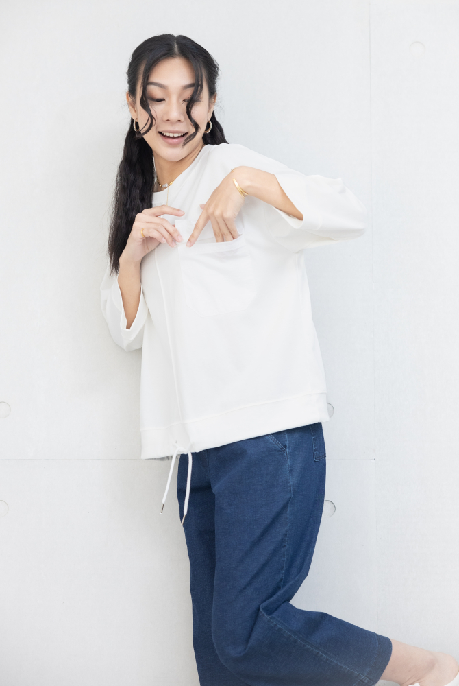 긴팔 異材質口袋下擺抽繩七分袖上衣 / 白色