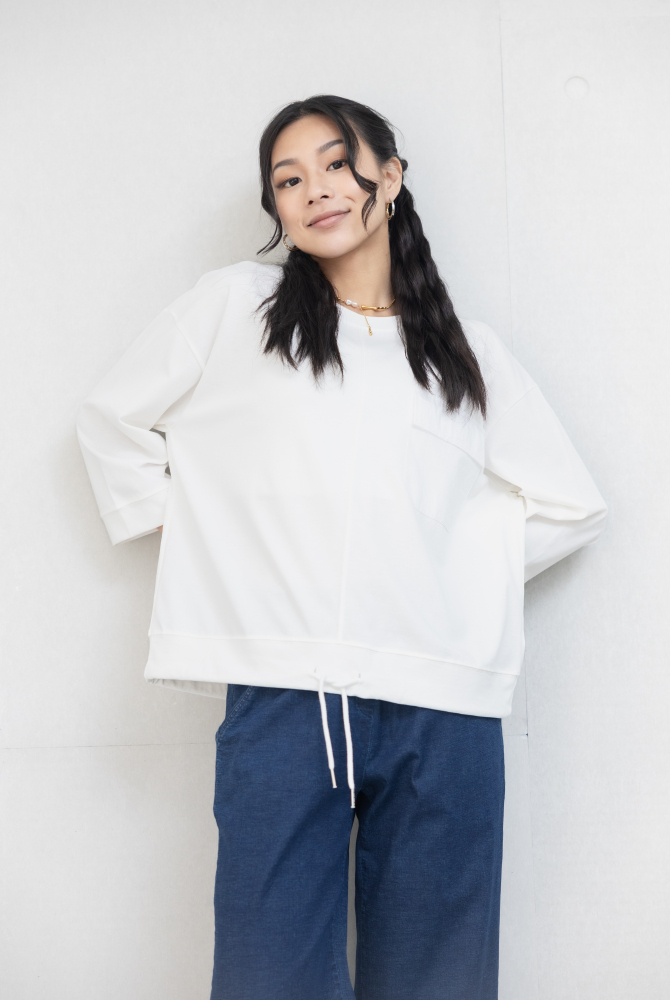 긴팔 異材質口袋下擺抽繩七分袖上衣 / 白色